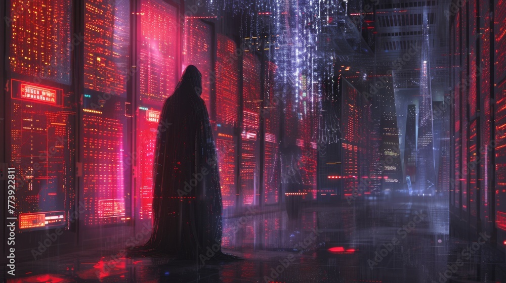 Aufkleber amidst a labyrinth of servers and digital displays, a hooded cybercriminal hacks into classified net