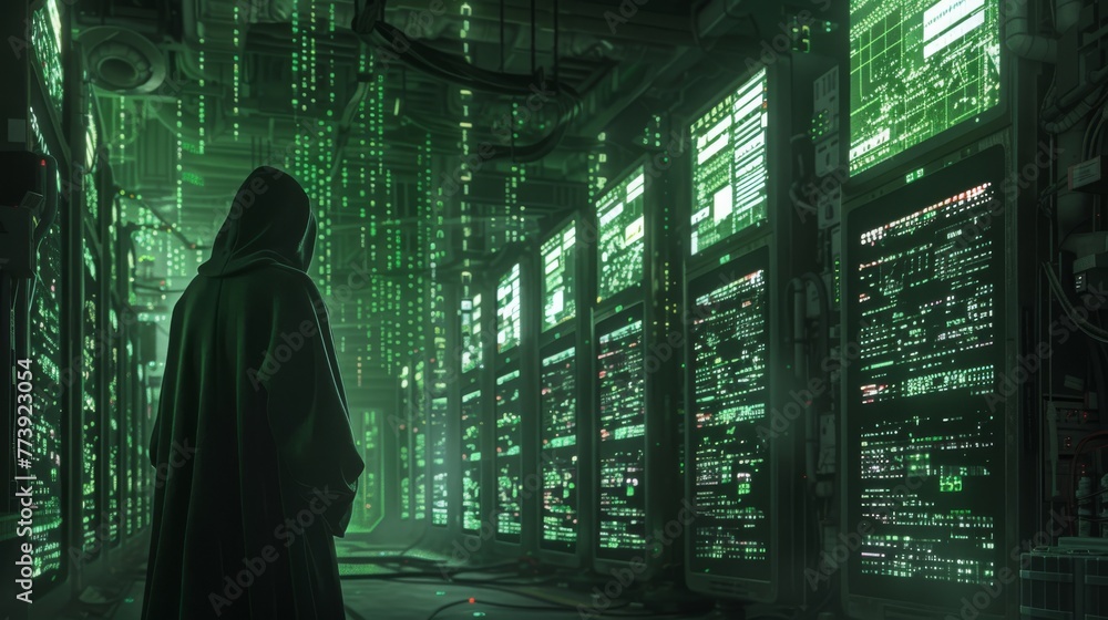Poster amidst a labyrinth of servers and digital displays, a hooded cybercriminal hacks into classified net