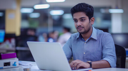 Amidst the dynamic environment of the business world, an Indian male worker excelling as a software developer or businessman meticulously analyzes data on his computer screen