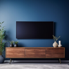 Walnut TV console with plants and vases in front of a dark blue wall