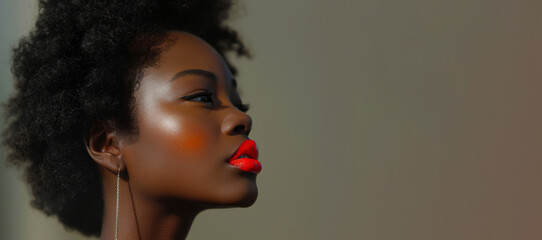 A Afro-Japanese woman with red lipstick and earrings is looking at the camera. Concept of confidence and beauty. of a beautiful young woman whit lips decorated with bright red lipstick - obrazy, fototapety, plakaty