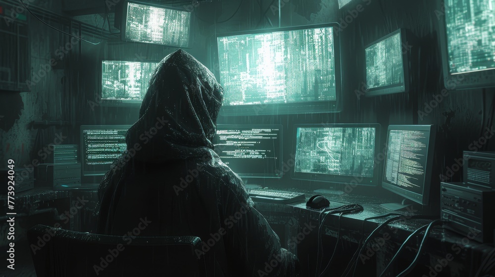 Poster in a darkened room, a hooded figure is surrounded by multiple computer monitors, each glowing with s