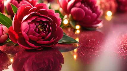 Birhtday, Mother's Day, Women's Day, Valentine's Day concept. Peonies on shiny glass background, Red and pink colors, space for text.  - obrazy, fototapety, plakaty