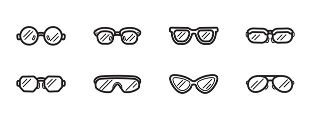 Glasses icons set. Eyewear of various shapes and types. Vector illustration