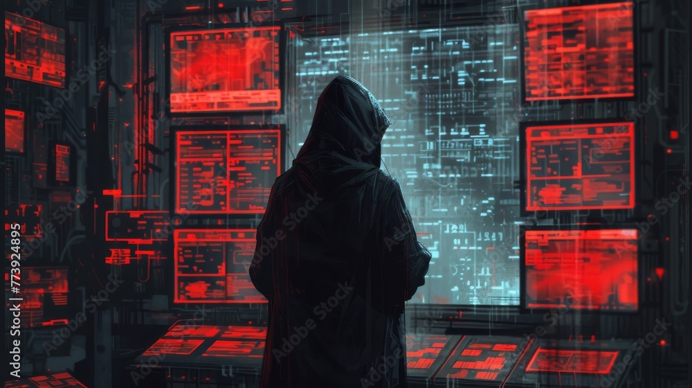 Poster n a digital underworld, a shadowy figure clad in a hoodie orchestrates a sophisticated cyberattack, 
