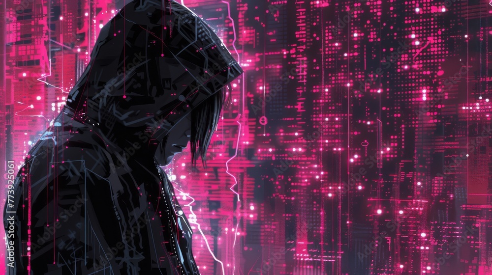Poster n a digital underworld, a shadowy figure clad in a hoodie orchestrates a sophisticated cyberattack, 