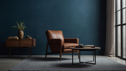 In the living room, a leather armchair contrasts with an empty slate blue wall backdrop.