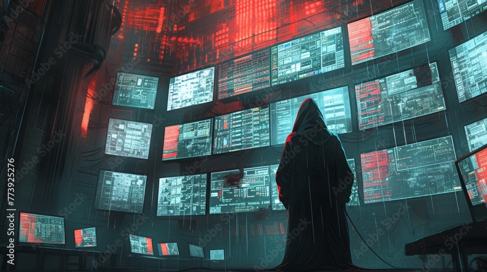 Poster n a digital underworld, a shadowy figure clad in a hoodie orchestrates a sophisticated cyberattack, 
