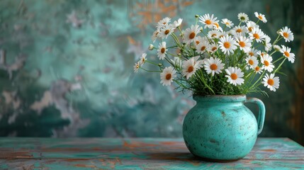 Bouquet of daisies in ceramic vase, spring background. Copy space. Generative AI