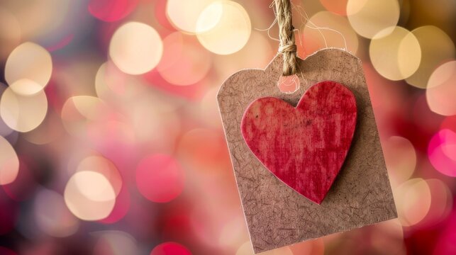 Happy Valentine's Day, Valentine Love Wedding birthday greeting card background - Closeup of red wooden heart label hanging on a string, card pendants with bokeh lights