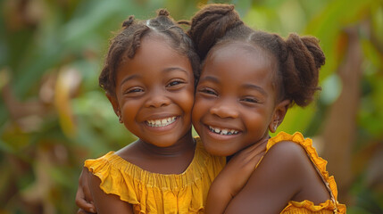 Two modern African twin girls hug and laugh. Meeting of friends. Friendship Day. International Women's Day. National Siblings Day. Twins Day. Copy space - obrazy, fototapety, plakaty