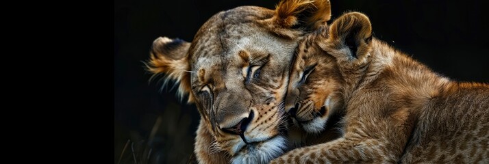 A lioness cuddles with her cub, showing love and care.