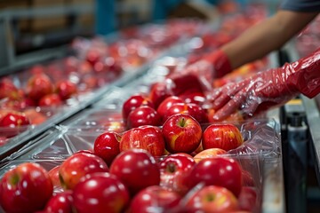 Packing apples into conveyor bags for sending sales for sale to retail stores - obrazy, fototapety, plakaty