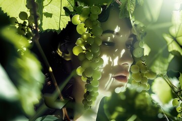 Free photo closeup shot of beautiful Girl face grapevines with bunches of ripe delicious green...