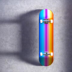 Vibrant multicolored skateboard on concrete
