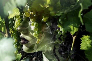Free photo closeup shot of beautiful Girl face grapevines with bunches of ripe delicious green grapes. 