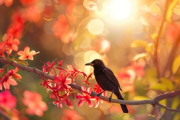Sinhala New Year Erythrina Fusca Flowers with black Asian koel bird and a sun, - obrazy, fototapety, plakaty