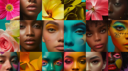 A collage of colorful eyes with different shades of green, blue, and yellow. a moodboard for a cosmetics brand targeting Gen Z, emphasizing inclusivity and representation of diverse skin tones.