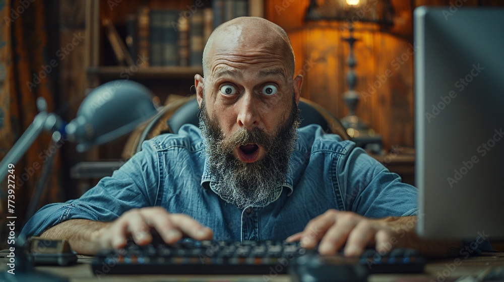 Poster beard-a-palooza a man with a beard and glasses shocked by the computer generative ai