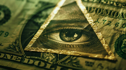 The all-seeing eye, a Masonic symbol of omniscience, prominently features on the US one-dollar bill, encapsulated within a golden triangle, signifying power and enlightenment - obrazy, fototapety, plakaty