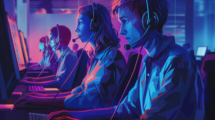 a candid snapshot taken within a call center, workers are captured in a moment of focused concentration as they assist customers - obrazy, fototapety, plakaty