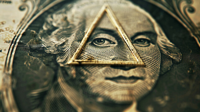 The iconic Eye of Providence, also known as the all-seeing eye, rests atop a golden triangle on the US one-dollar bill, symbolizing a masonic emblem steeped in history and mystery - Powered by Adobe