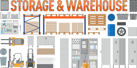 Storage, Warehouse or Garage Interior Design and Furniture Elements for Architectural Drawing Purposes