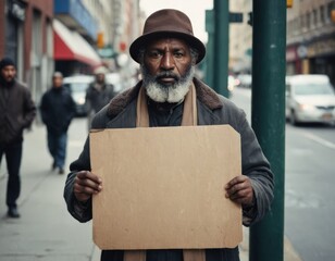 A man holding a cardboard sign on a street corner