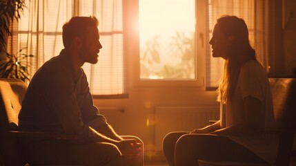 Affectionate Couple Embracing by Cozy Window During Sunset - obrazy, fototapety, plakaty