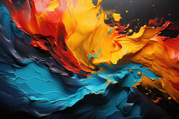 Elegant dance of fiery reds, sunlit yellows, and deep blues in a mesmerizing abstract paint swirl....