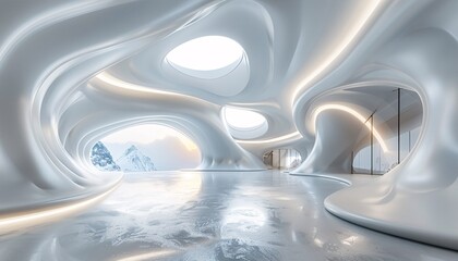 Snowy Mountain Peak in the Background of a Futuristic, White, Curved Building with a Large Window Generative AI