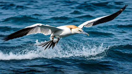 Fototapeta na wymiar Northern gannets flying on the water surface