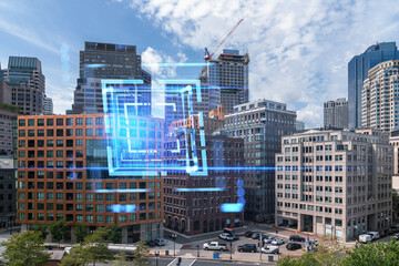 Urban landscape with holographic elements overlaying the cityscape, Boston, daytime. Double exposure