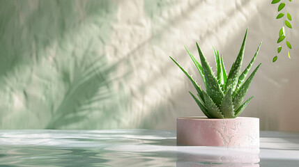 This composition elegantly displays an Aloe vera plant beside a podium in water, setting a tranquil and natural backdrop, perfect for highlighting the purity and effectiveness of natural cosmetics - obrazy, fototapety, plakaty