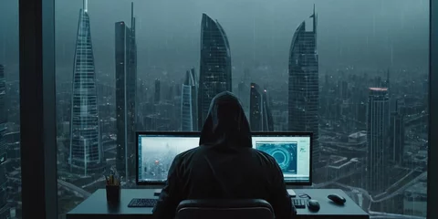 Foto op Plexiglas Hacker using computer in a dark room with a big city view. © freeman83