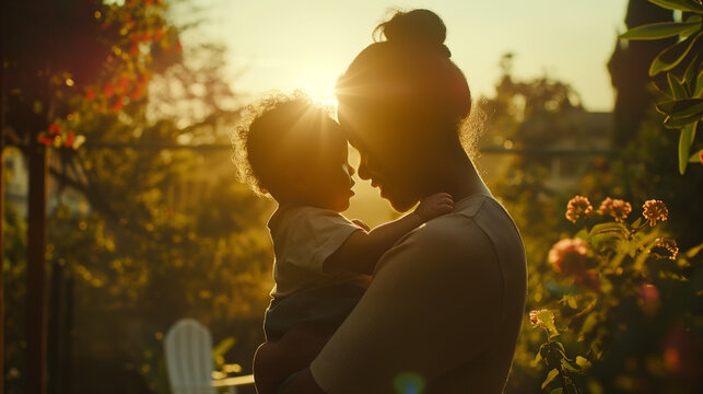  As the sun dips below the horizon, a mother and her baby enjoy a quiet moment in the garden, the soft hues of twilight casting a magical spell over the scene