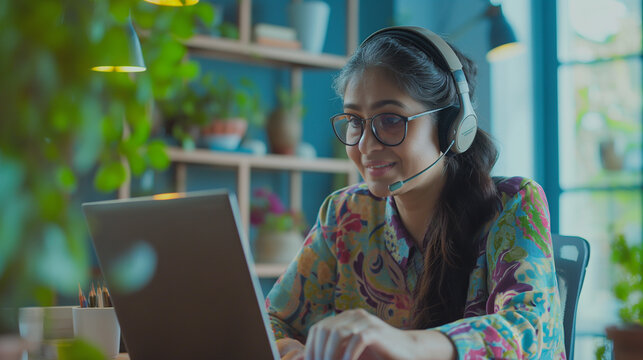 A young Indian woman wearing a headset appears on the laptop screen, her image clear and engaging as she teaches, blogs, coaches