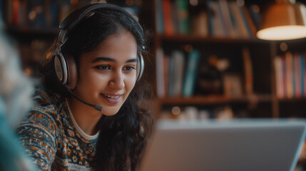 A woman sits at a desk with headphones on her head, engrossed in her work on a laptop, the glow of the screen illuminating her focused expression