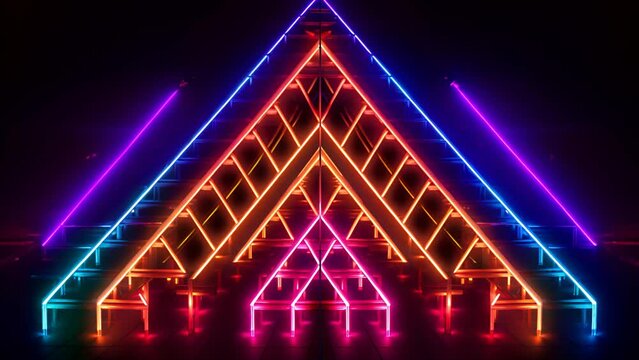 Neon Lights Triangles. Futuristic Illumination, Abstract Digital Art.