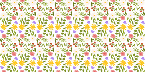 Repeated pattern highlighting floral elements. Botanical-inspired seamless design featuring white, yellow, and lilac flowers, pink cherry blossom, branch with red berries, and various leaves.