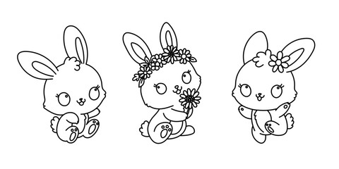 Kawaii line art coloring page for kids. Kindergarten or preschool coloring activity. Cute jumping playful bunnies. Kawaii rabbits vector illustration - 773929439