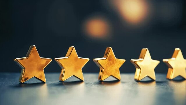 A row of five gold stars are placed on a black surface