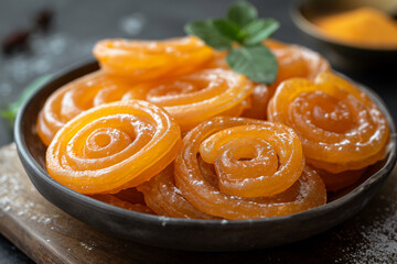 Obraz na płótnie Canvas photo of Jalebi (sweet, crispy, and spiral-shaped dessert)
