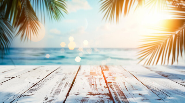 Sunlit wooden deck framed by vibrant green palm leaves, overlooking a serene and sparkling ocean under a bright sky.