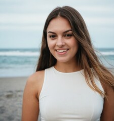 Happy young woman posing on a sea beach.