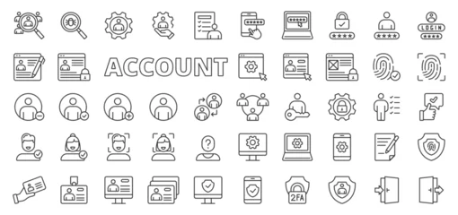 Fotobehang Account icons in line design. User, login, password, username, social, verification, sign up, sign in, registration, users isolated on white background vector. Account editable stroke icons. © Bezvershenko
