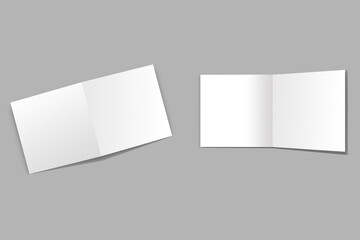 3D Horizontal Half-fold Blank White Brochure Template. Bifold brochure, menu, leaflet mockup isolated on a grey background. Greeting or invitation card. 3d rendering.
