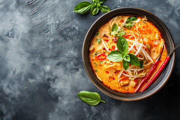 photo of Laksa (spicy noodle soup with a base of either coconut milk or sour asam)