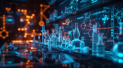A futuristic lab with holographic displays of molecular structures and drug formulas
