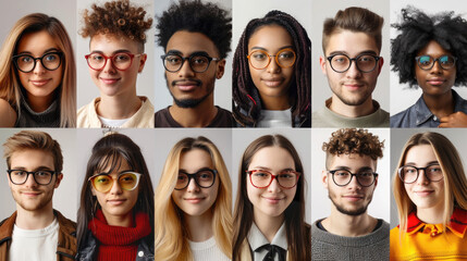 A collage of people wearing eyeglasses on a gray background.